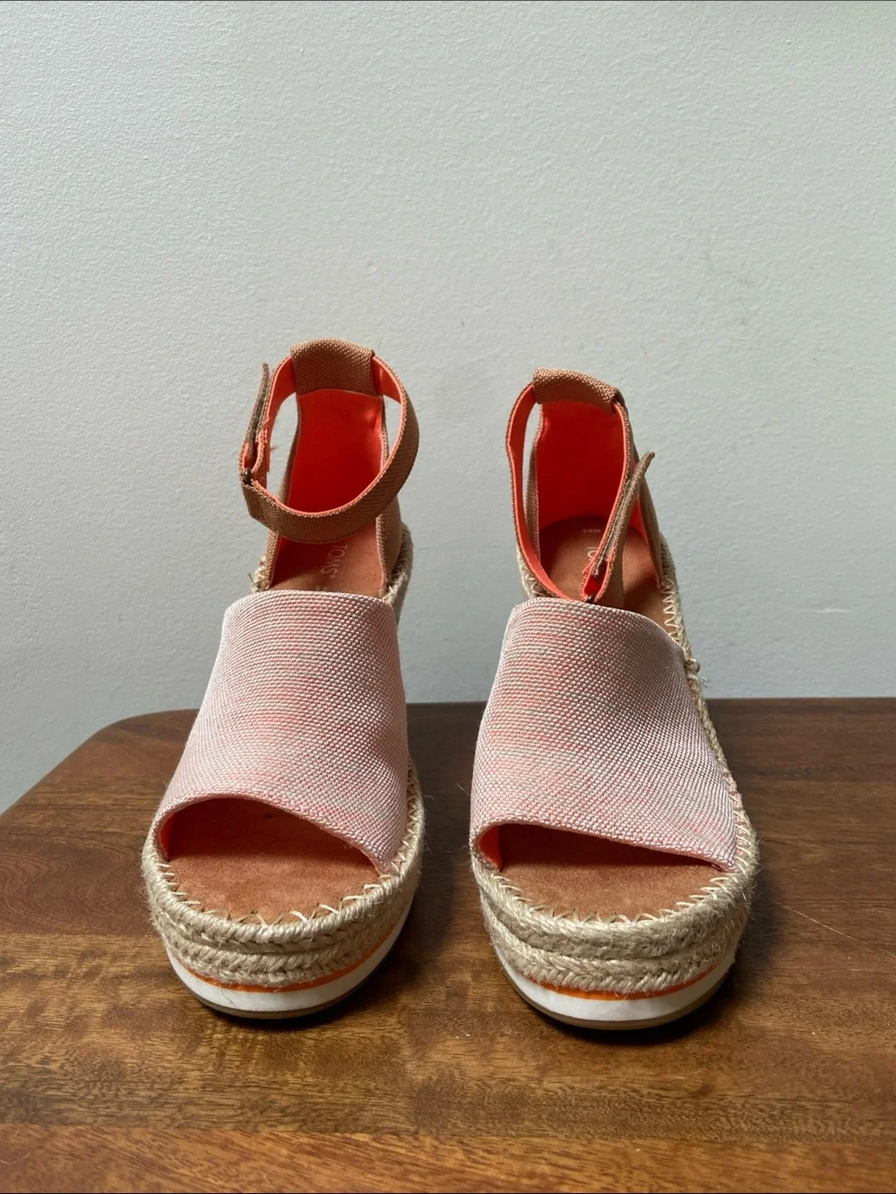 TOMS Pink Canvas Espadrille Wedge Sandals with Tan Ankle Strap